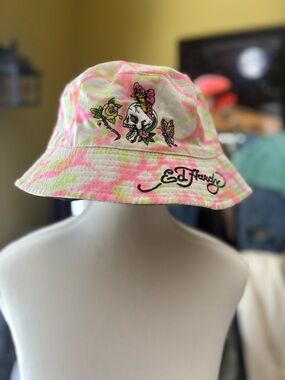 Ed Hardy Neon Pink & Lime Tie-Dye Skull Embroidered Bucket Hat